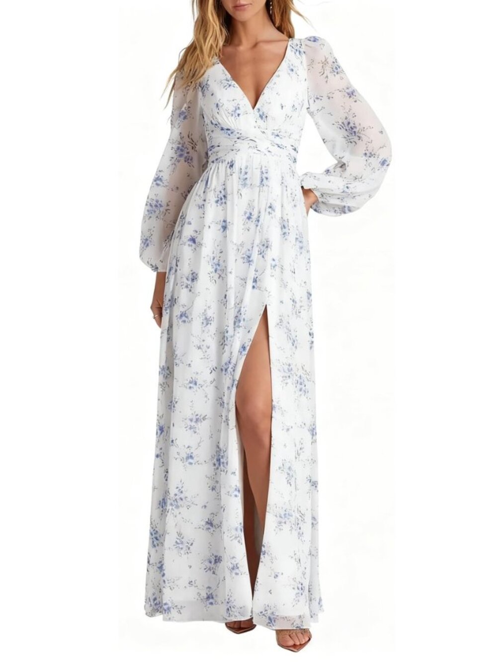 Women's Floral Maxi Dress Long Sleeve V Neck High Split Boho Beach Vacation
